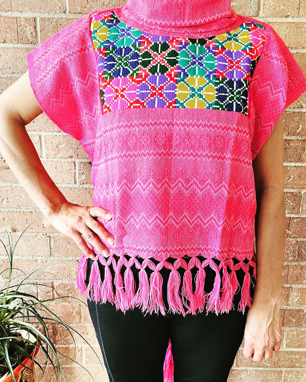 High-Low Hem Artisan Woven Poncho with Colorful Embroidered Panel