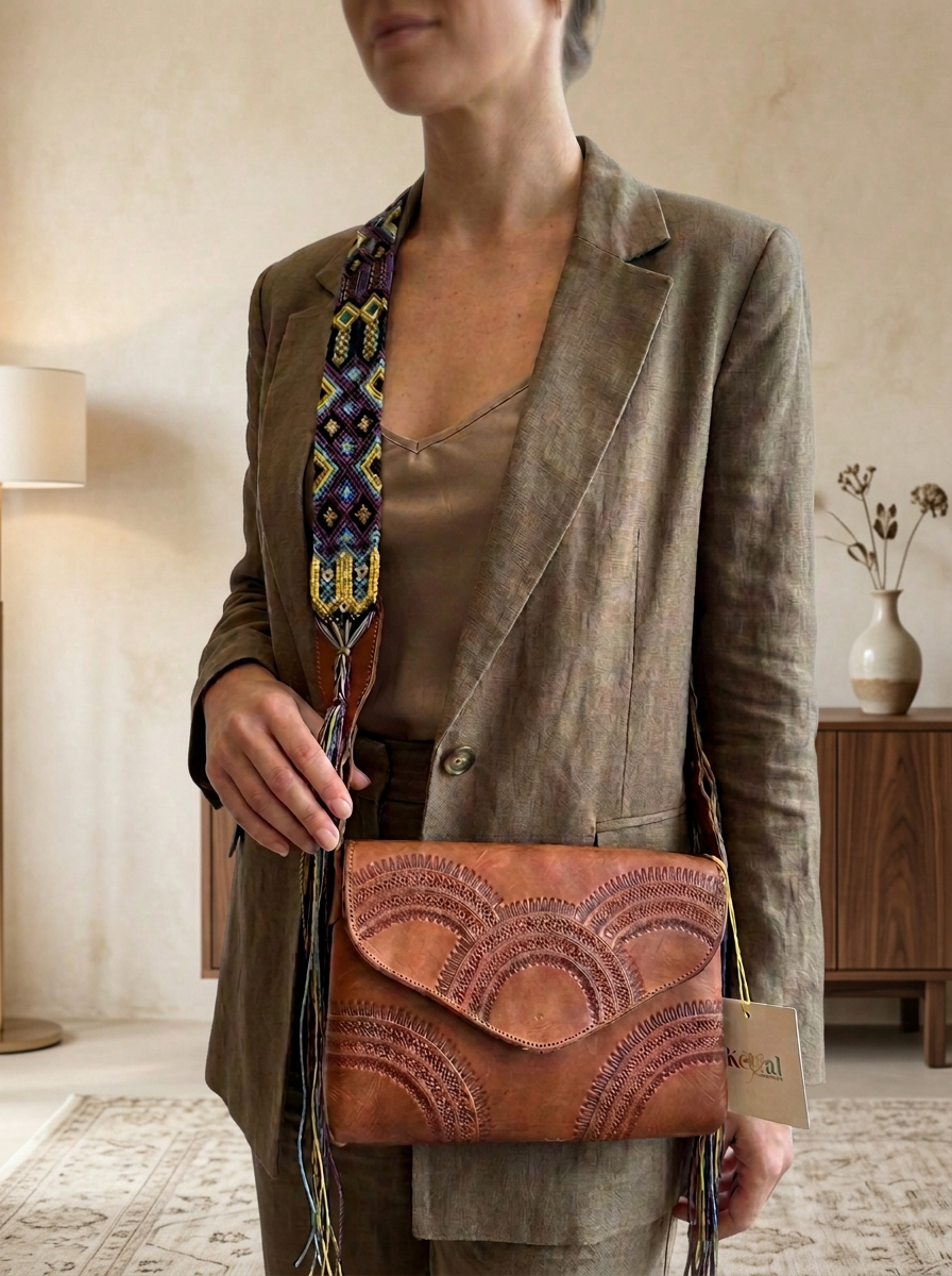 Boho Tooled Leather Crossbody Bag