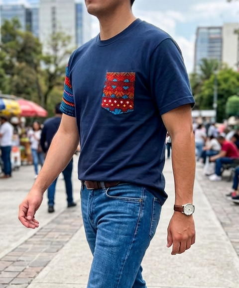 T-Shirt with Colorful Sleeve and Chest Pocket