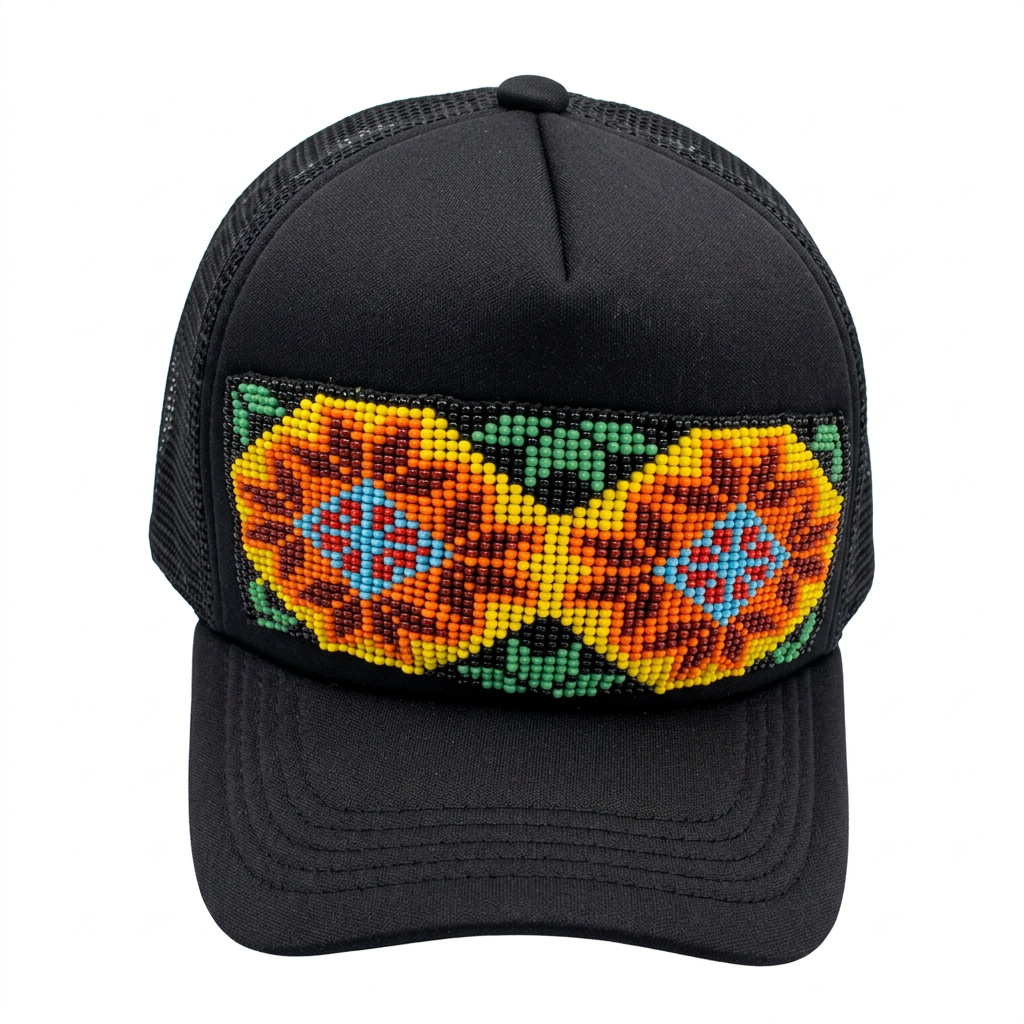 Hand-Beaded Hat – Colorful Geometric Design, Adjustable Unisex Cap