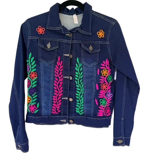 Dark Blue Denim Jacket with Colorful Floral Embroidery