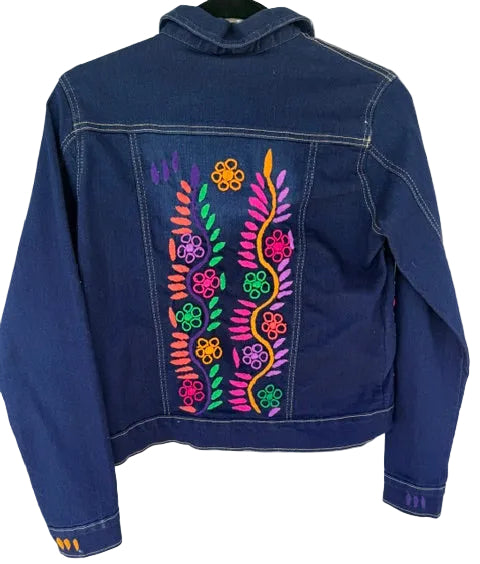 Dark Blue Denim Jacket with Colorful Floral Embroidery