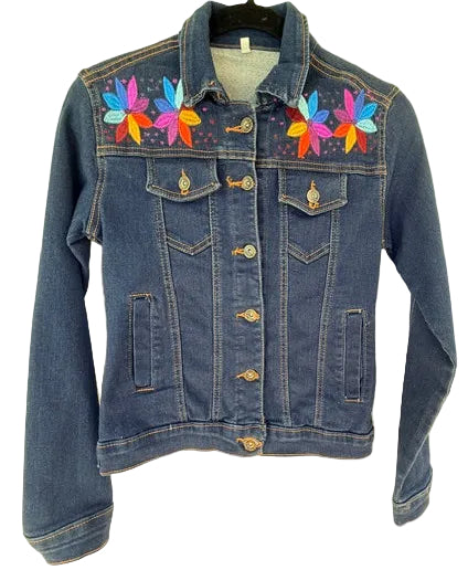 Dark Blue Denim Jacket with Colorful Floral Embroidery