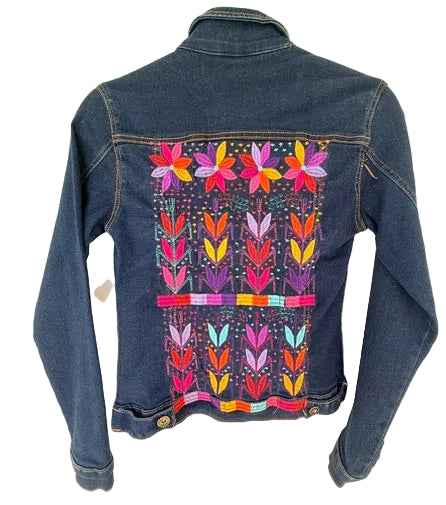 Dark Blue Denim Jacket with Colorful Floral Embroidery