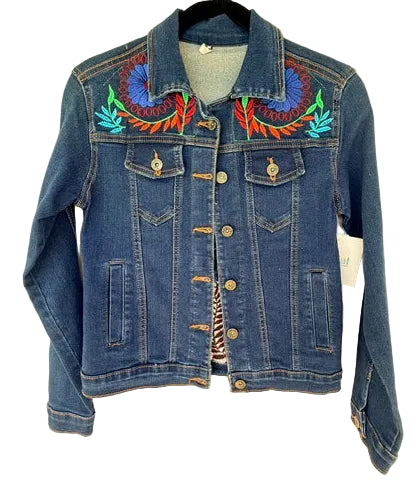Dark Blue Denim Jacket with Colorful Floral Embroidery