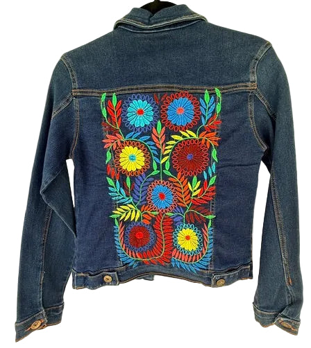 Dark Blue Denim Jacket with Colorful Floral Embroidery