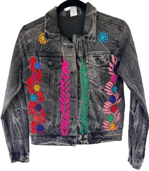 Hand-Embroidery Washed Black Denim Jacket