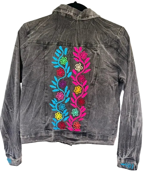 Hand-Embroidery Washed Black Denim Jacket