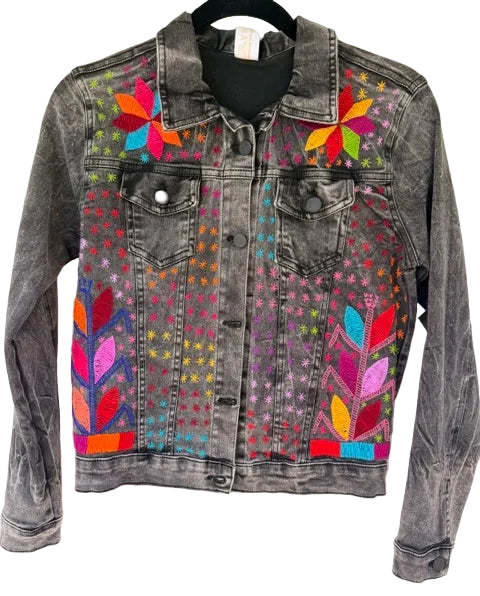 Hand-Embroidery Washed Black Denim Jacket