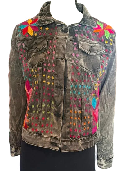 Hand-Embroidery Washed Black Denim Jacket