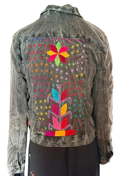 Hand-Embroidery Washed Black Denim Jacket