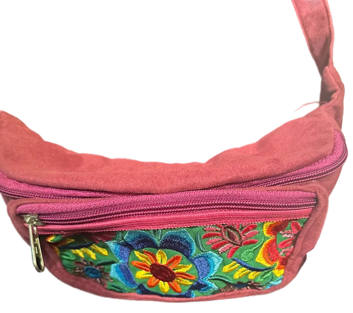Floral Embroidered Crossbody Bag with Multiple Zipper Pockets