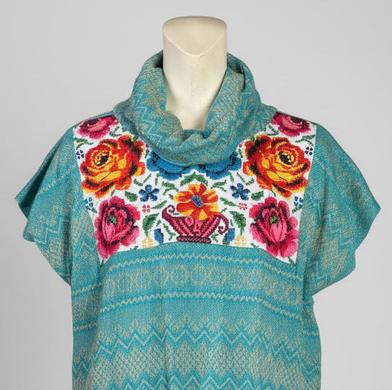High-Low Hem Artisan Woven Poncho with Colorful Embroidered Panel