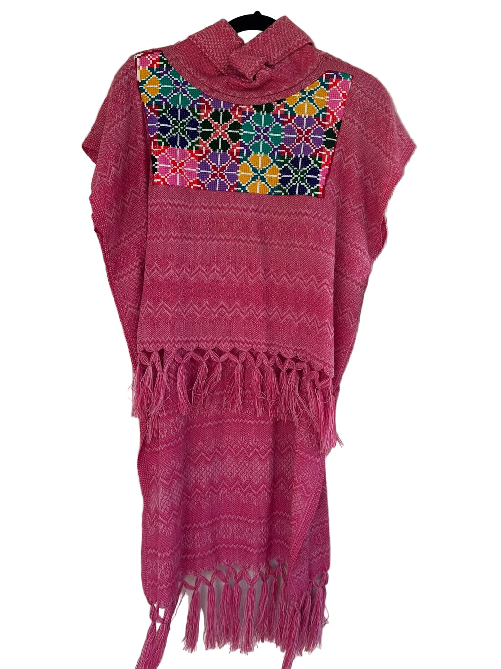 High-Low Hem Artisan Woven Poncho with Colorful Embroidered Panel