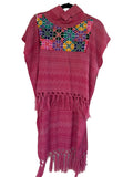High-Low Hem Artisan Woven Poncho with Colorful Embroidered Panel