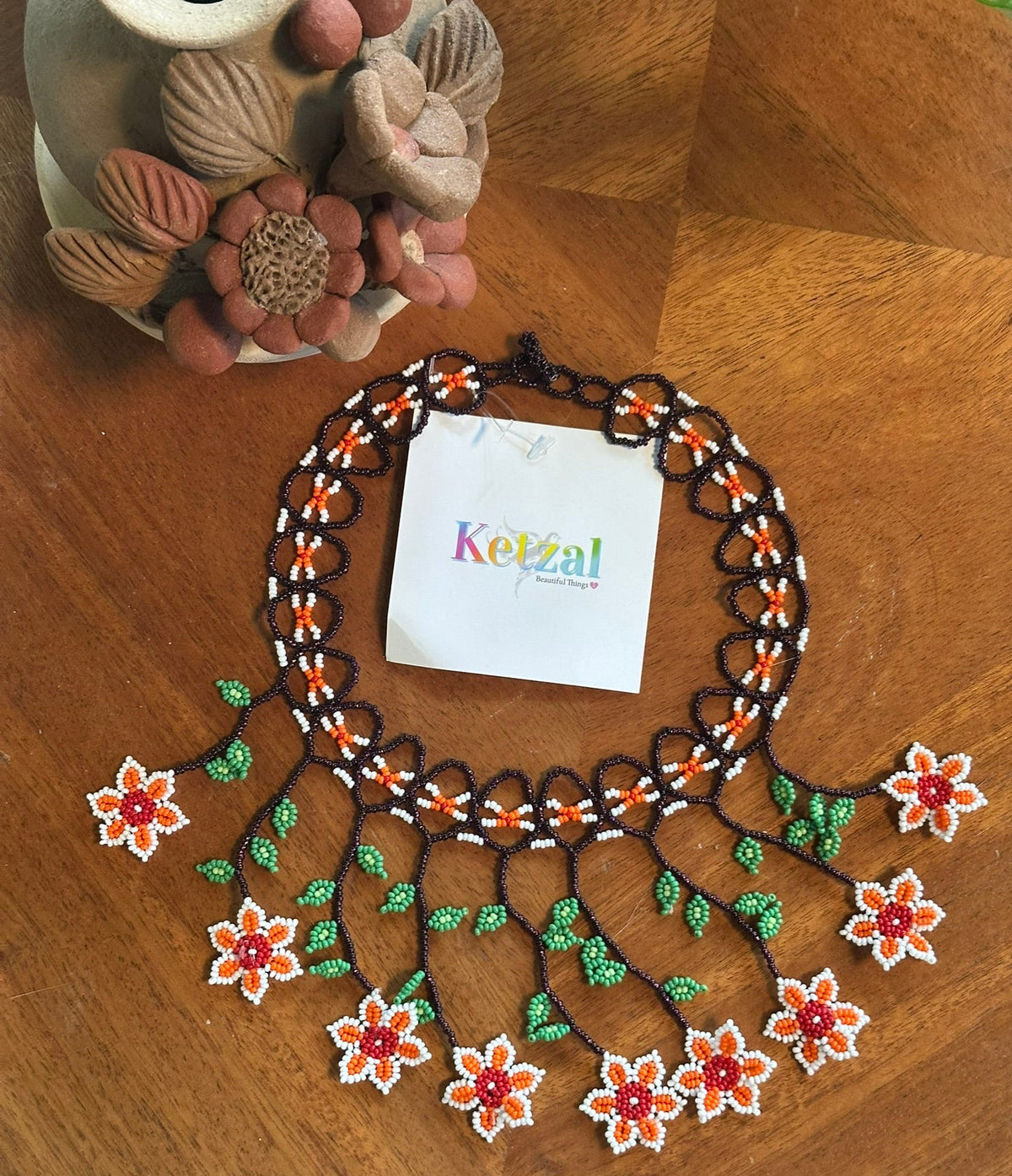 Handmade Floral Beaded Statement Necklace – Orange, Red, Green & White