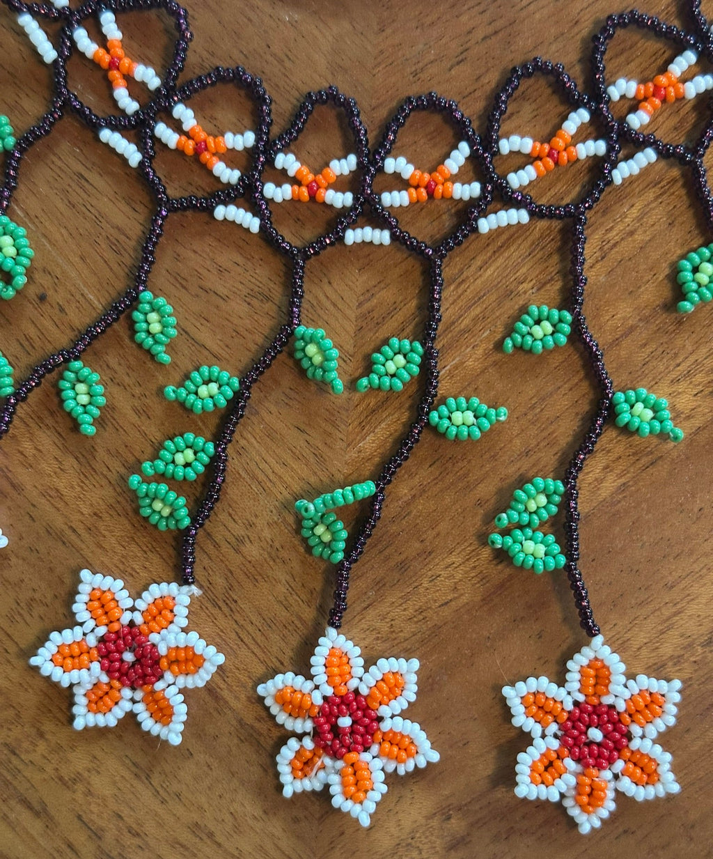 Handmade Floral Beaded Statement Necklace – Orange, Red, Green & White