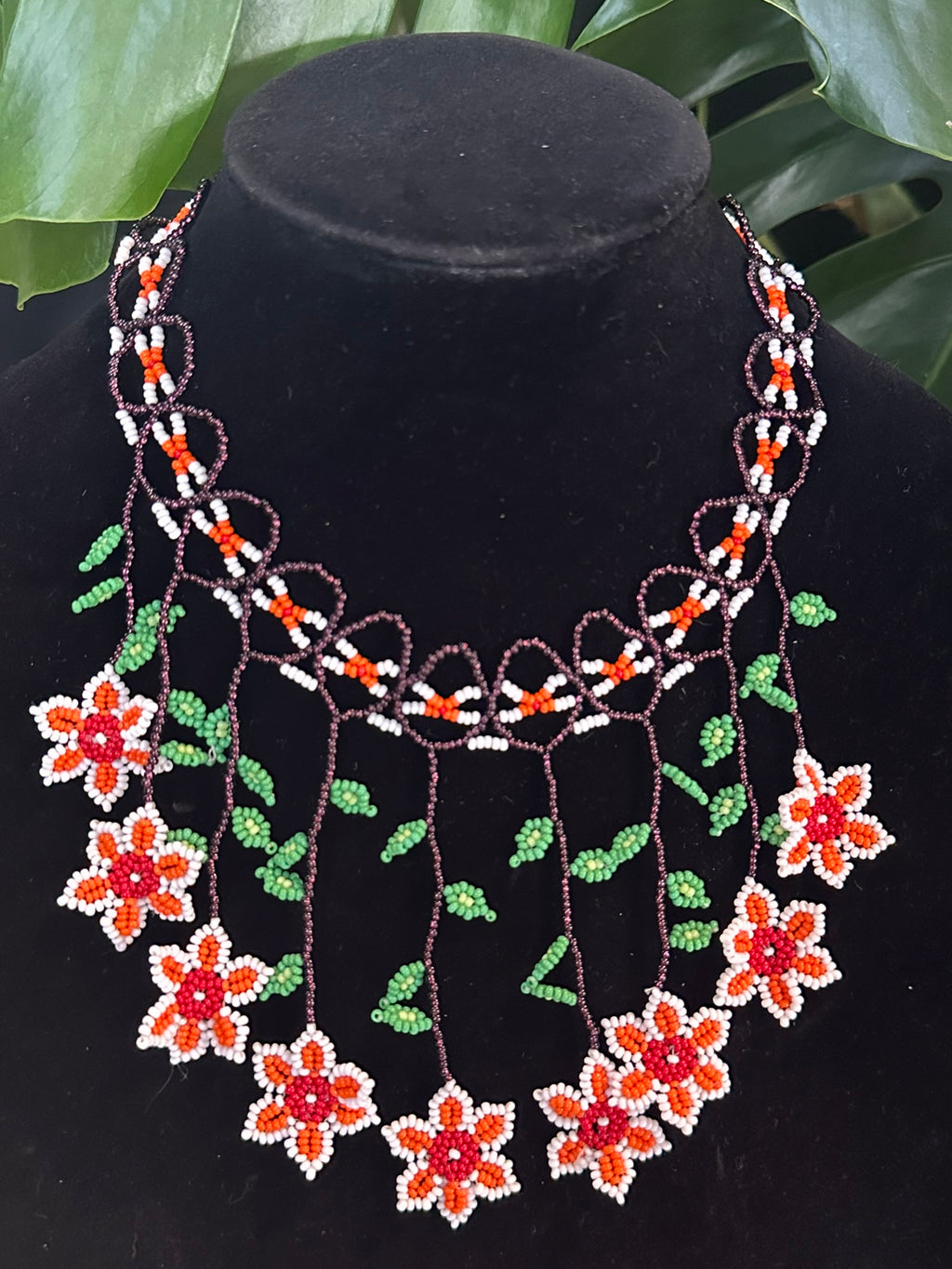 Handmade Floral Beaded Statement Necklace – Orange, Red, Green & White