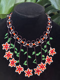 Handmade Floral Beaded Statement Necklace – Orange, Red, Green & White