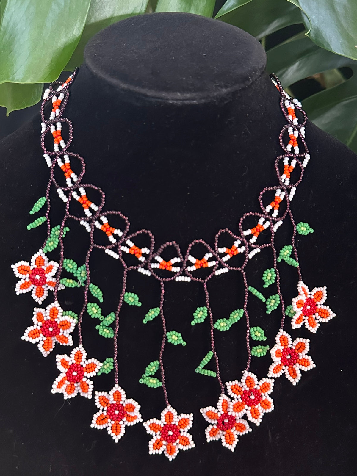 Handmade Floral Beaded Statement Necklace – Orange, Red, Green & White