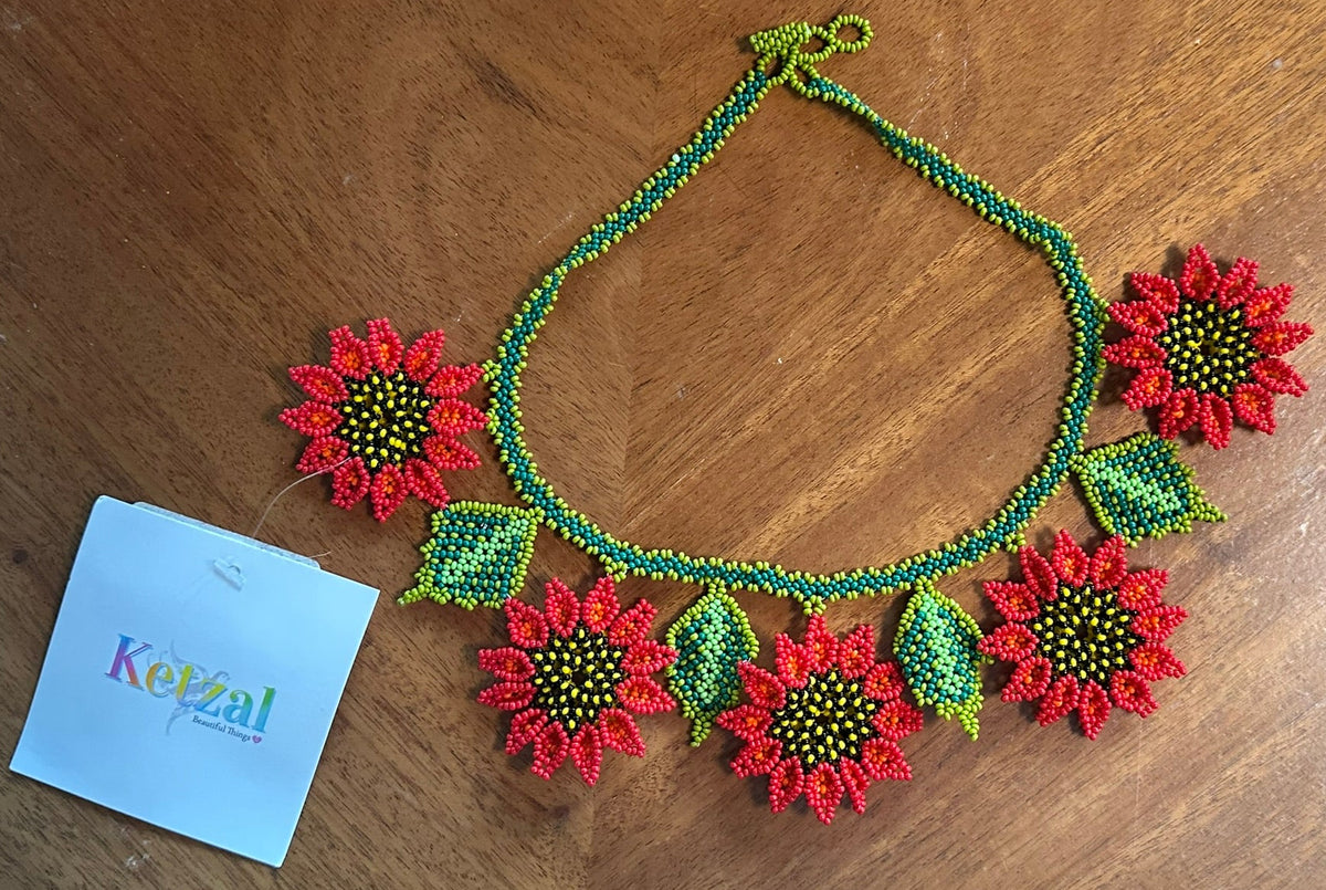 Hand-Beaded Red Sunflower Statement Necklace with Green Leaves