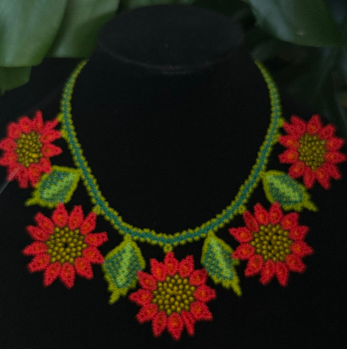 Hand-Beaded Red Sunflower Statement Necklace with Green Leaves