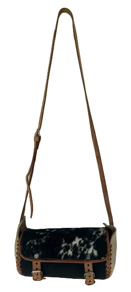 Black & White Cowhide Crossbody Satchel with Brown Leather Trim