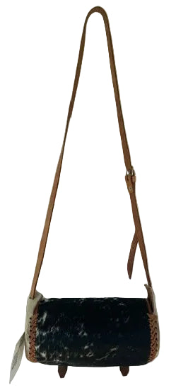Black & White Cowhide Crossbody Satchel with Brown Leather Trim