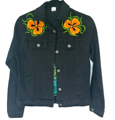 Black Denim Jacket with Colorful Floral Embroidery