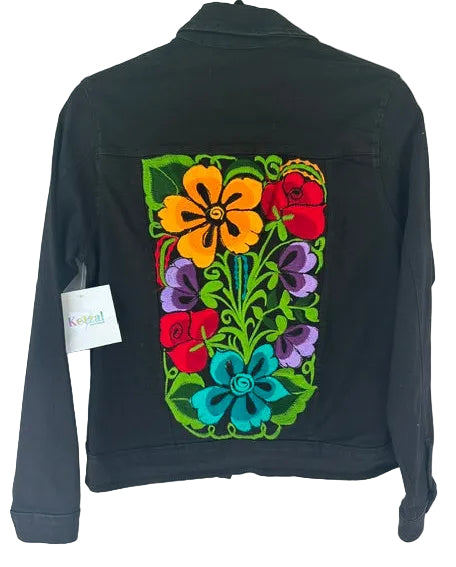Black Denim Jacket with Colorful Floral Embroidery