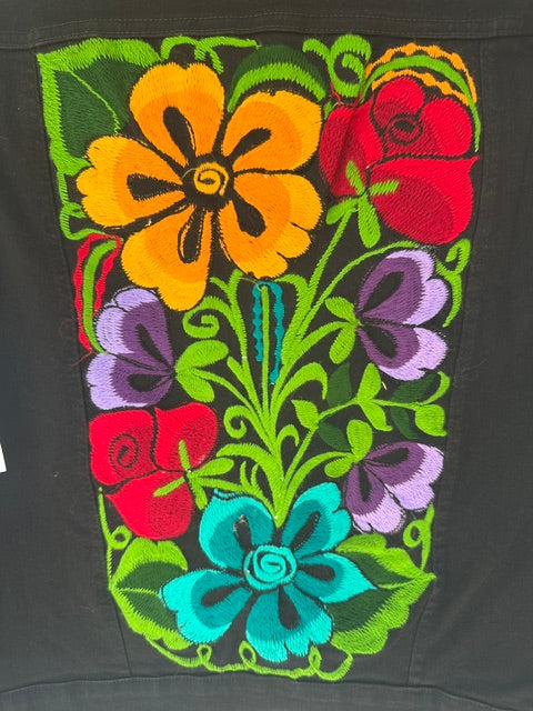 Black Denim Jacket with Colorful Floral Embroidery