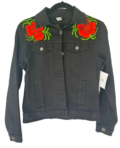 Black Denim Jacket with Colorful Floral Embroidery
