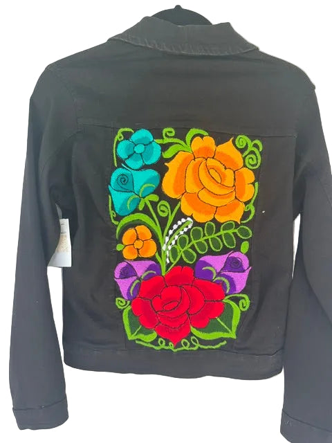 Black Denim Jacket with Colorful Floral Embroidery