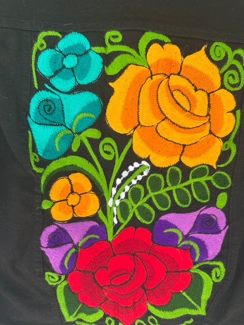Black Denim Jacket with Colorful Floral Embroidery