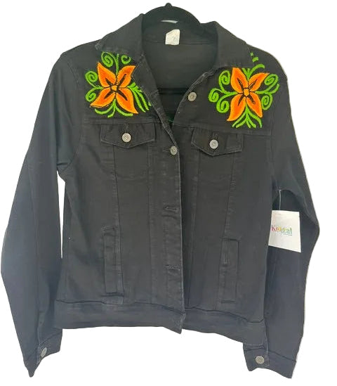 Black Denim Jacket with Colorful Floral Embroidery