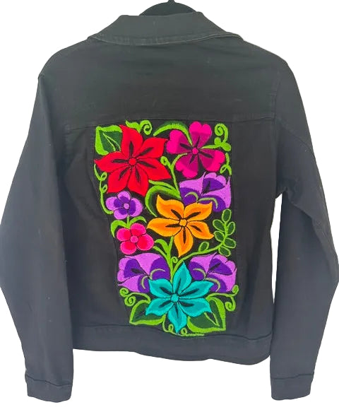 Black Denim Jacket with Colorful Floral Embroidery