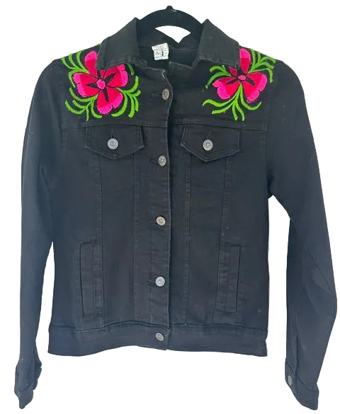 Black Denim Jacket with Colorful Floral Embroidery