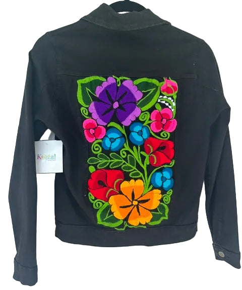 Black Denim Jacket with Colorful Floral Embroidery