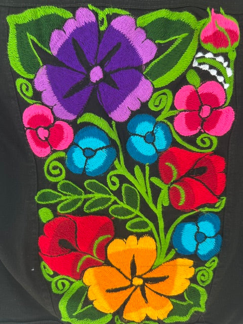 Black Denim Jacket with Colorful Floral Embroidery