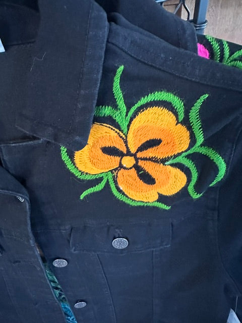 Black Denim Jacket with Colorful Floral Embroidery