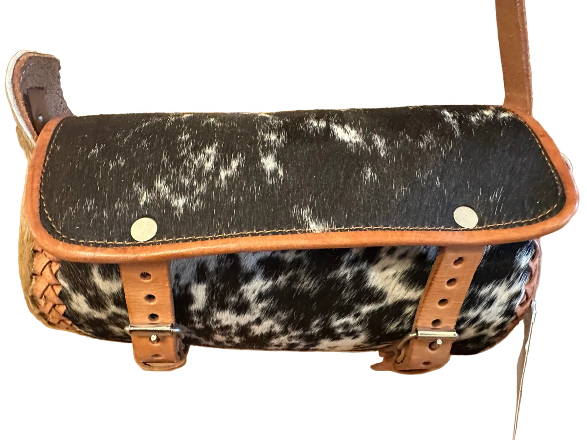 Black & White Cowhide Crossbody Satchel with Brown Leather Trim