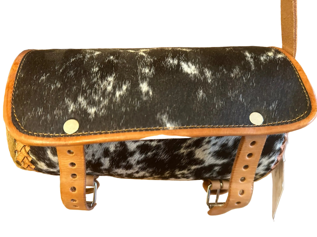 Black & White Cowhide Crossbody Satchel with Brown Leather Trim
