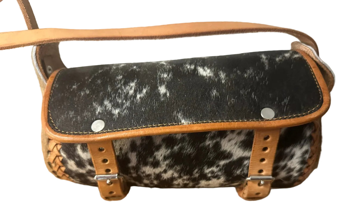 Black & White Cowhide Crossbody Satchel with Brown Leather Trim