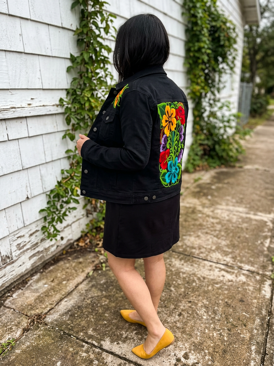Black Denim Jacket with Colorful Floral Embroidery