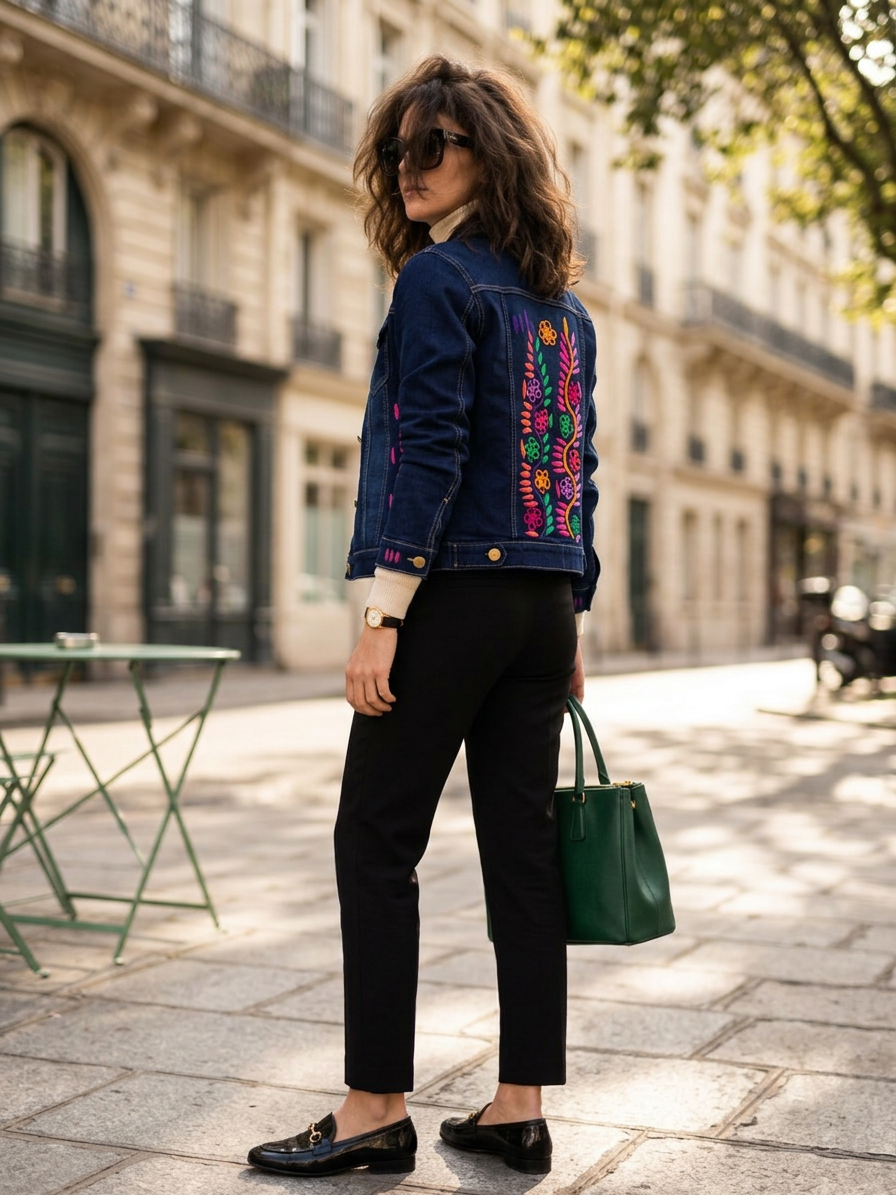 Dark Blue Denim Jacket with Colorful Floral Embroidery