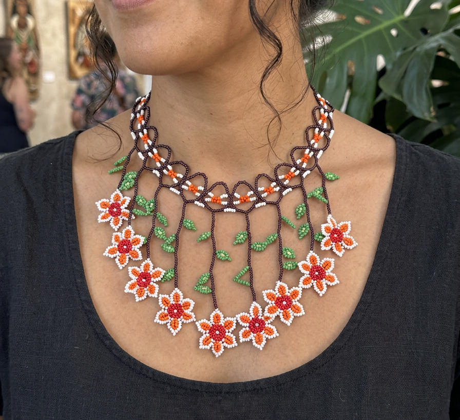 Handmade Floral Beaded Statement Necklace – Orange, Red, Green & White