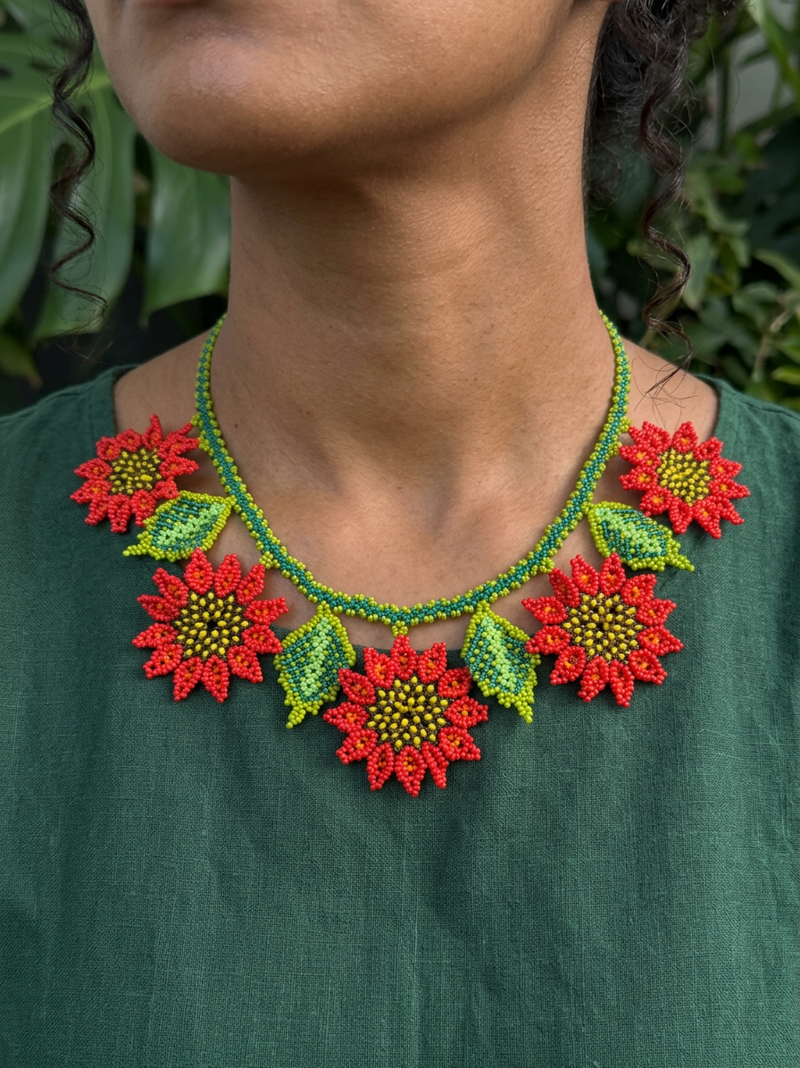 Hand-Beaded Red Sunflower Statement Necklace with Green Leaves