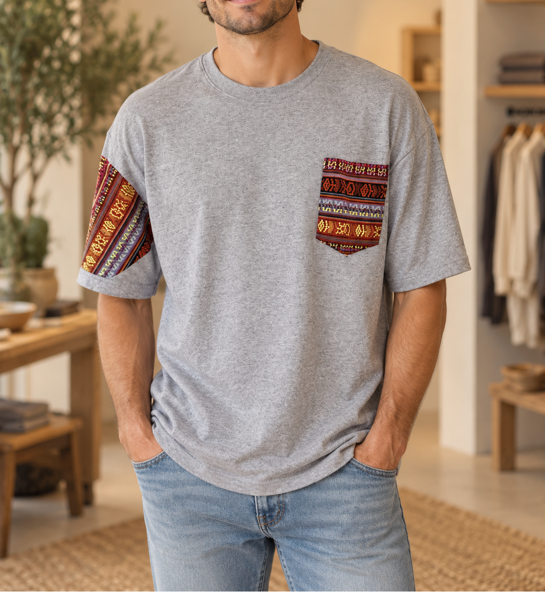 T-Shirt with Colorful Striped Sleeve and Chest Pocket