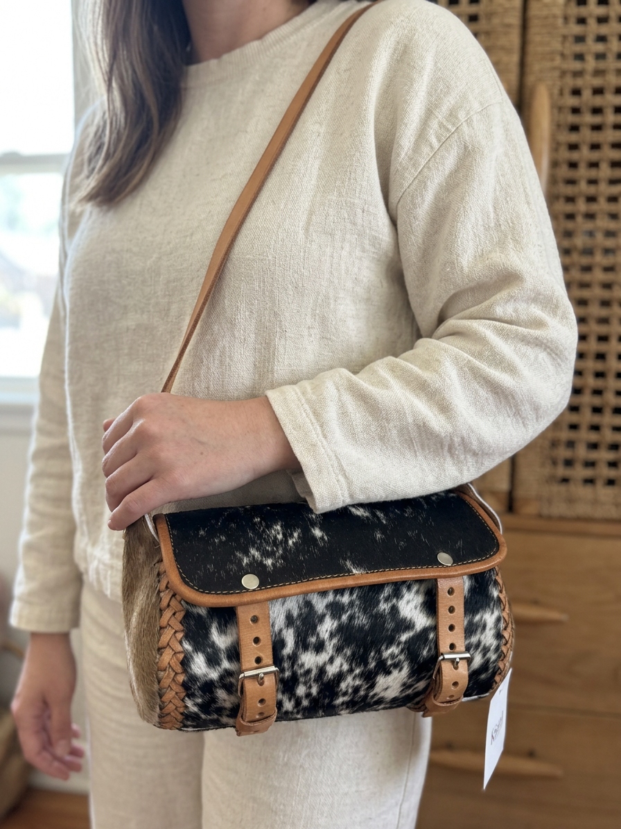 Black & White Cowhide Crossbody Satchel with Brown Leather Trim