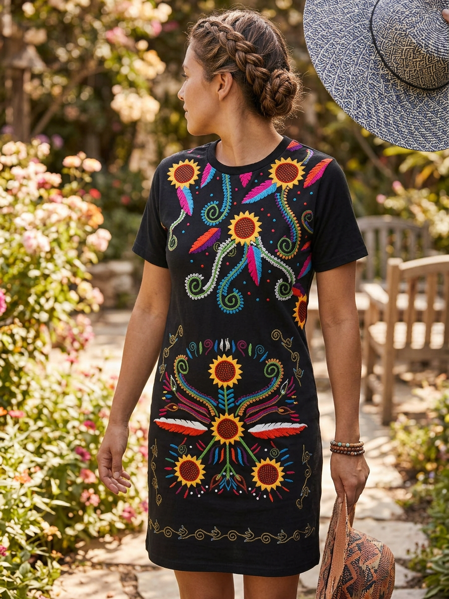 Women’s Black Floral Short Sleeve T-Shirt Dress
